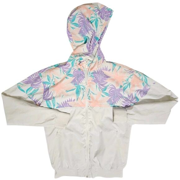 CSG Floral Tropical Windbreaker Track Jacket Hooded White Pastel Zip Adult SM - Picture 2 of 12